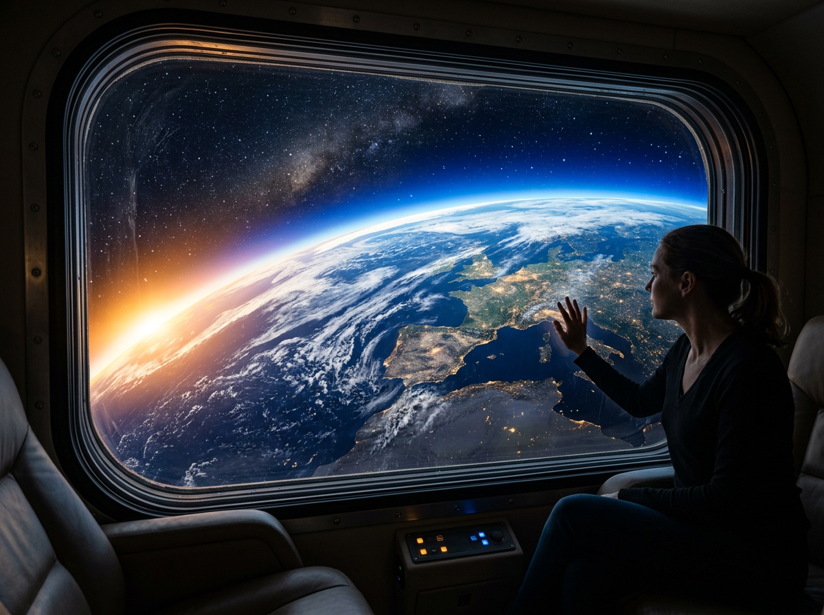 View of Earth's curvature from orbit through a spacecraft window
